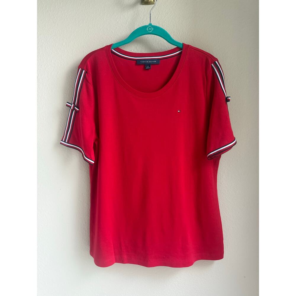 Red Tommy Hilfiger T-Shirt with Bow and Ribbon detail on sleeves - Size Large